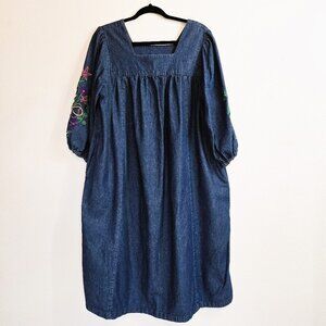 VTG Naqui NY 1XL Denim Embroidered Boho Cottagecore Midi Dress w/ Pockets